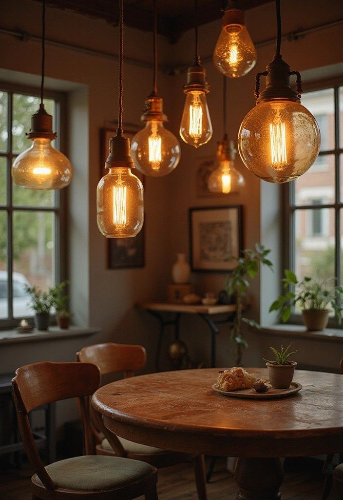 10 Vintage Lighting Fixtures That Will Instantly Transform Your Space You Wont Believe 4 Cozy dining room with warm, vintage hanging lights over a rustic wooden table, surrounded by potted plants and chairs. | Sky Rye Design Cozy dining room with warm, vintage hanging lights over a rustic wooden table, surrounded by potted plants and chairs.