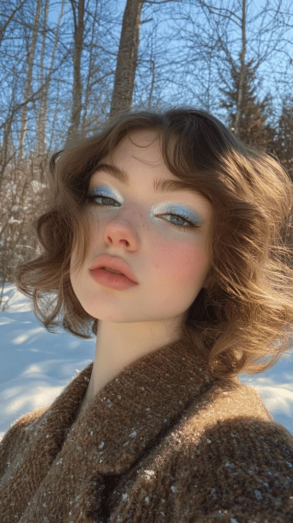 Woman with blue eyeshadow enjoys a snowy winter day, wearing a brown coat against a backdrop of bare trees.