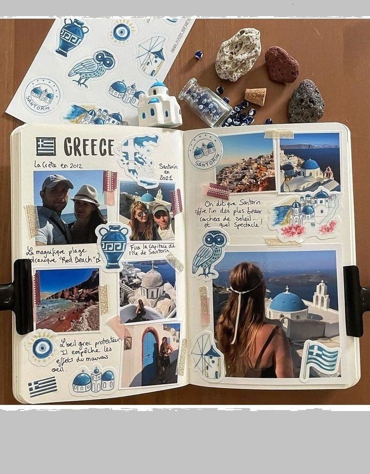 Travel scrapbook showcasing a trip to Greece, featuring Santorini photos, stickers, and a scenic view of the famous white buildings.