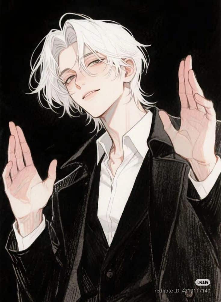 Anime character with white hair in a black suit poses confidently, hands raised, against a dark background.