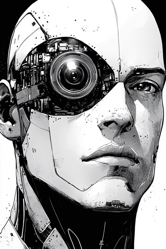 Futuristic cyborg with advanced eye lens technology, featuring detailed mechanical design in a monochrome illustration.