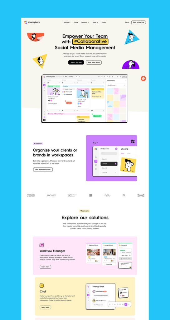 ZoomSphere homepage showcasing collaborative social media management tools, client workspace organization, and workflow solutions.