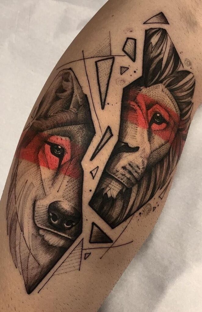 _ 11 Geometric tattoo featuring a wolf and lion face with red accents on arm. | Sky Rye Design Geometric tattoo featuring a wolf and lion face with red accents on arm.