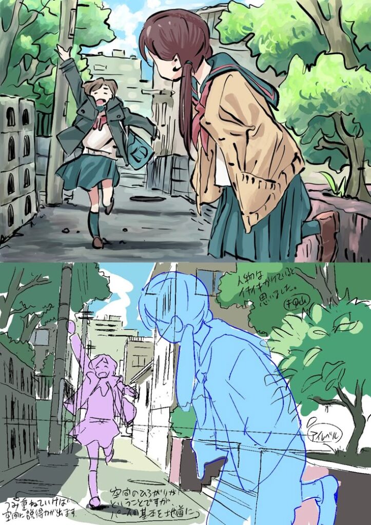 Anime girls sketch, one running joyfully, background with trees, buildings. Split view: colored and outline drawing.