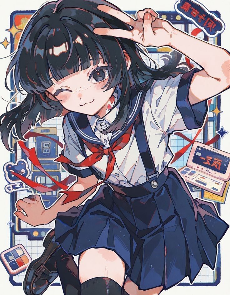 _ 11 Anime girl winking and posing with a peace sign, wearing a blue and white sailor uniform with a red ribbon, colorful digital background. | Sky Rye Design Anime girl winking and posing with a peace sign, wearing a blue and white sailor uniform with a red ribbon, colorful digital background.