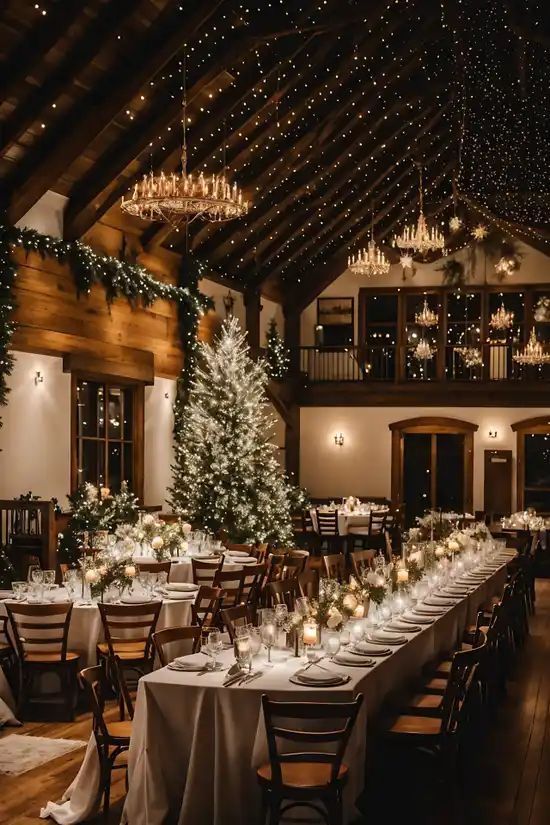 _ 11 Rustic wedding reception in a festive hall adorned with string lights, elegantly set tables, and a decorated Christmas tree centerpiece. | Sky Rye Design Rustic wedding reception in a festive hall adorned with string lights, elegantly set tables, and a decorated Christmas tree centerpiece.