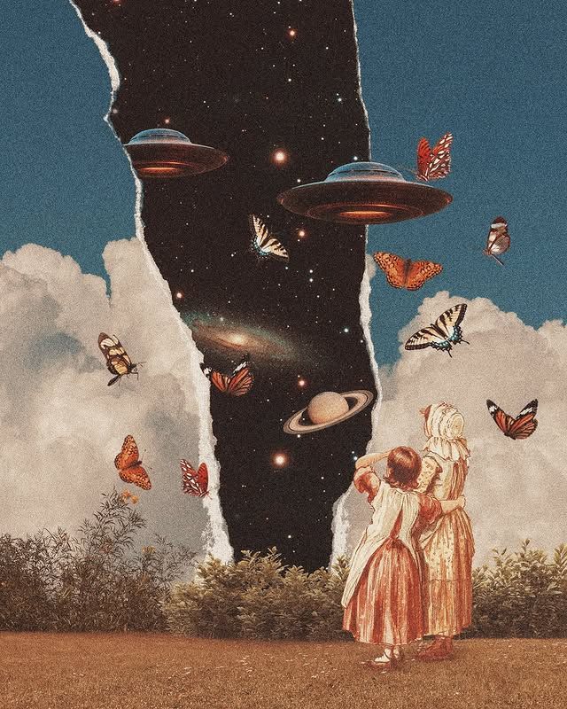 Surreal collage of two people watching UFOs, butterflies, and planets in a torn sky, blending nature with cosmic wonders.