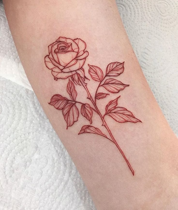 Red ink rose tattoo on forearm with intricate detail, showcasing delicate leaves and realistic shading on light skin.