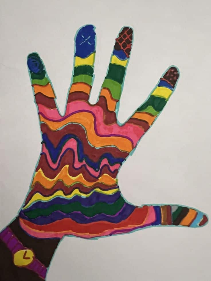 Colorful hand drawing with wavy stripes in various colors, featuring pattern details and a bracelet with a yellow circle.