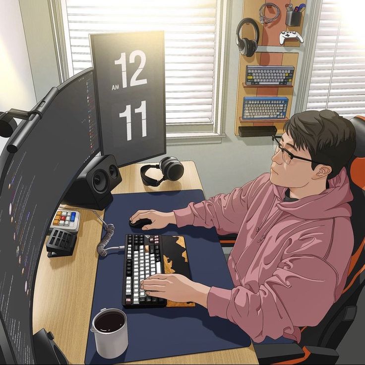 Anime-style illustration of a person in a pink hoodie gaming at a desk with dual monitors, headphones, and a coffee cup.