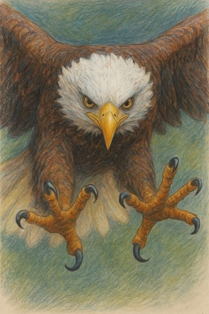 Drawing of a bald eagle with wings spread and talons extended, captured in mid-flight against a sky background.
