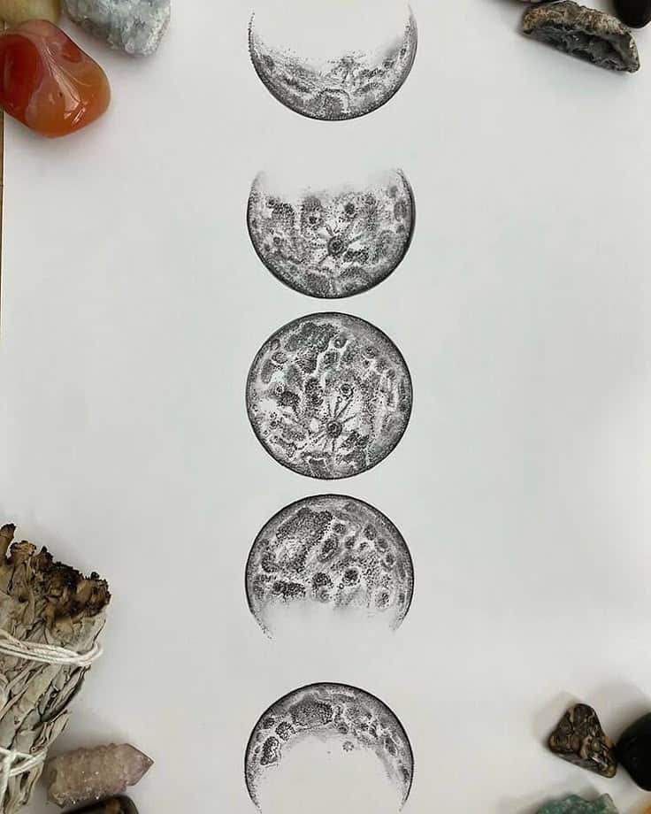 Dot art moon phases illustration with crystals and sage, showcasing a unique artistic style. Perfect for spirituality and home decor themes.