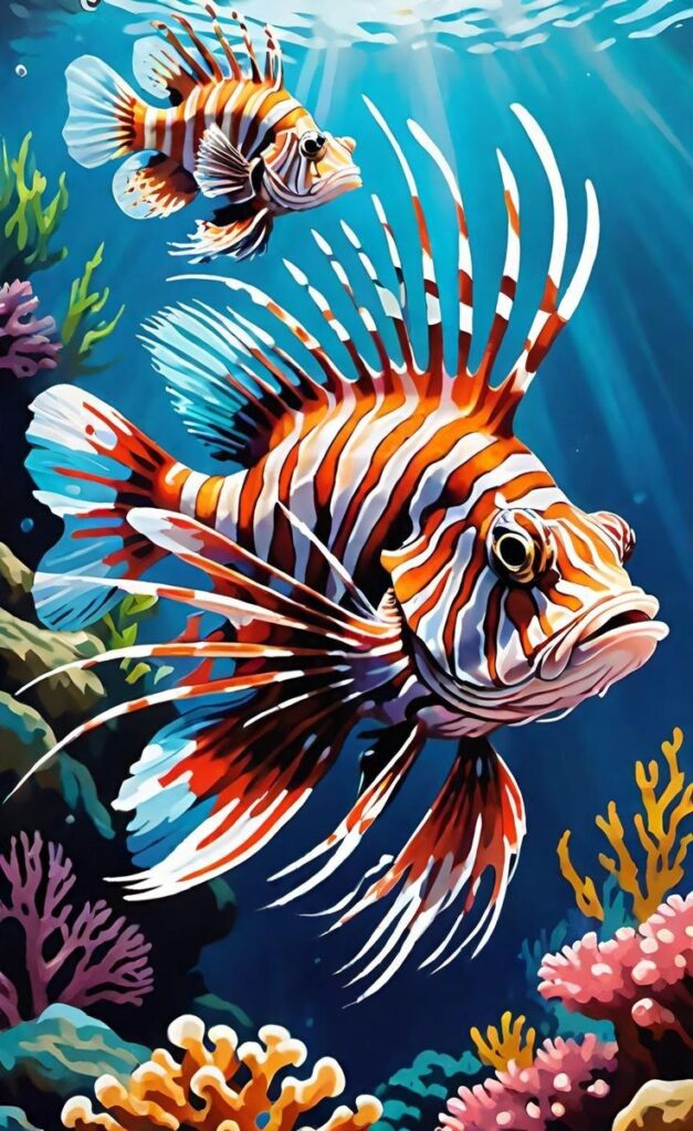 Colorful lionfish swimming among coral reefs under sunlight in a vibrant marine ecosystem.