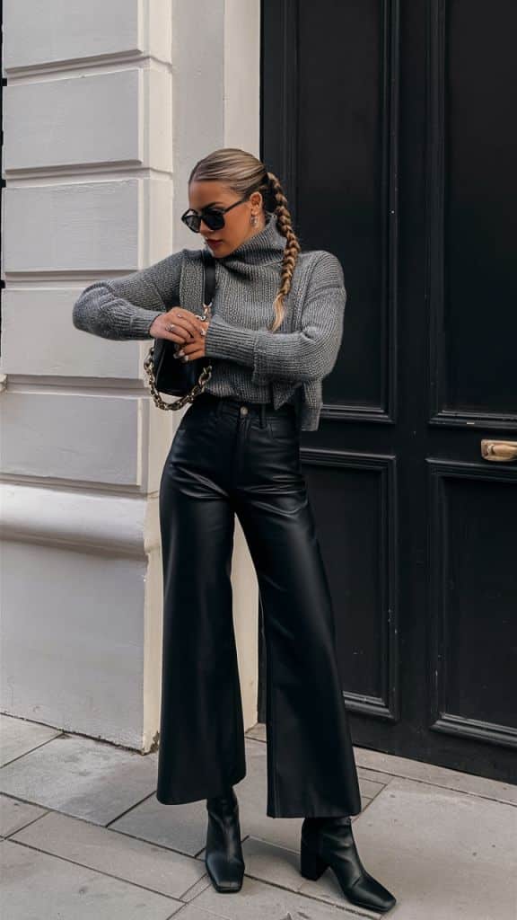 Fashionable woman in gray sweater and black leather pants with braided hair, standing on the street with sunglasses and a purse.