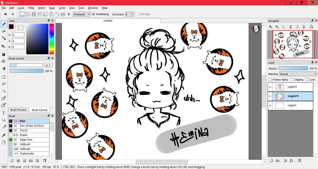 Cartoon character in a drawing app, surrounded by illustrated cats and stars, with the hashtag #Emina.