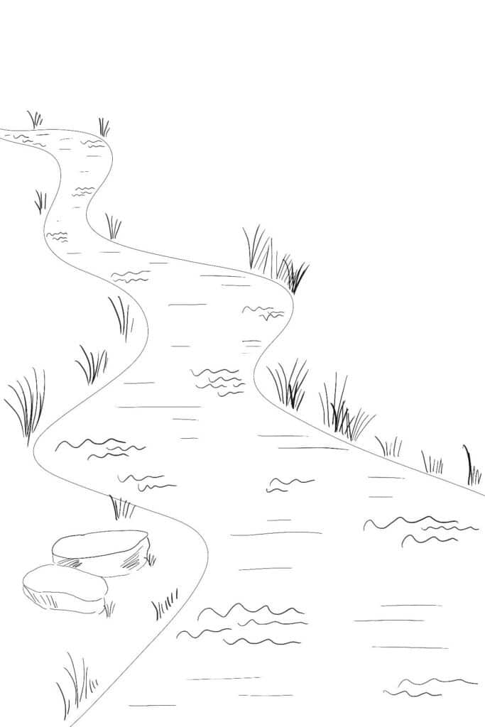 113a4afc0257fa17693298f8bada724d Illustration of a winding river with stones and grass on its banks, flowing through a peaceful, natural landscape. | Sky Rye Design Illustration of a winding river with stones and grass on its banks, flowing through a peaceful, natural landscape.