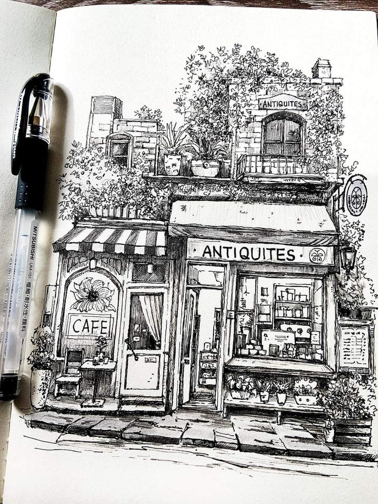 11b2c778-1c6f-4c6a-963c-a3dcb717dc8e Pen sketch of a charming street scene featuring a vintage cafe and antique shop, adorned with plants and intricate architectural details. | Sky Rye Design Pen sketch of a charming street scene featuring a vintage cafe and antique shop, adorned with plants and intricate architectural details.