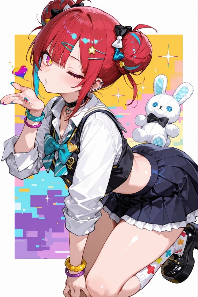 _ 12 Anime girl with red hair, colorful accessories, and a playful pose, blowing a kiss next to a cute bunny plushie, vibrant background. | Sky Rye Design Anime girl with red hair, colorful accessories, and a playful pose, blowing a kiss next to a cute bunny plushie, vibrant background.
