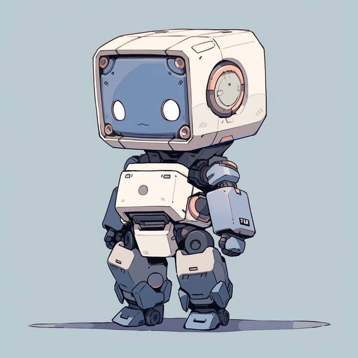 Cute cartoon robot with a vintage TV head and mechanical limbs, standing on a neutral background. Adorable retro-futuristic design.