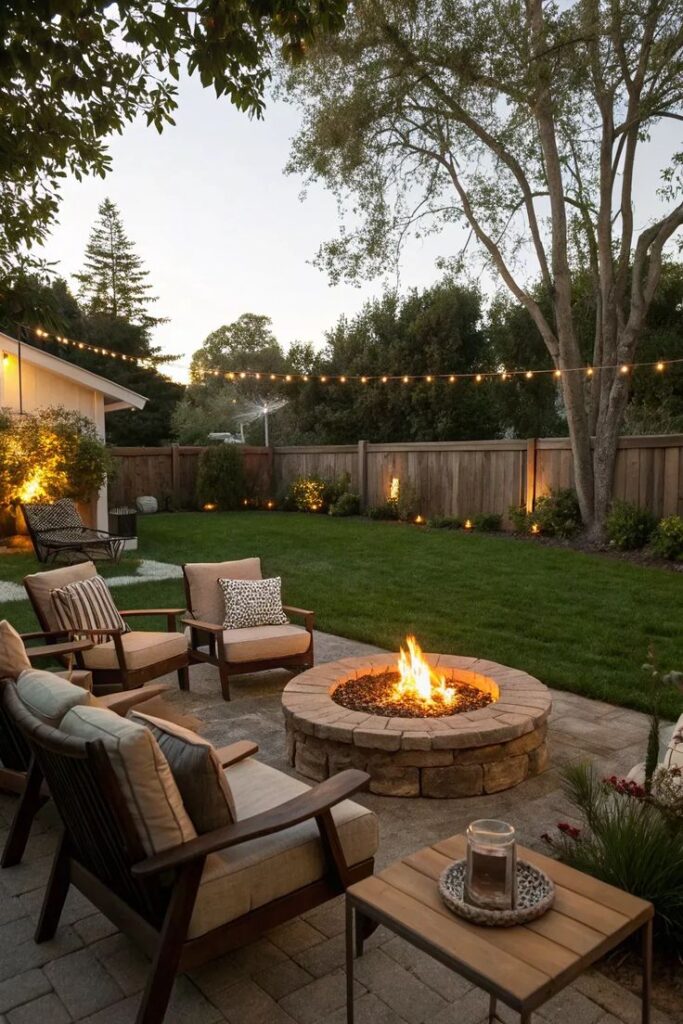 _ 12 Cozy backyard patio with seating around a stone fire pit, surrounded by greenery and string lights, perfect for evening gatherings. | Sky Rye Design Cozy backyard patio with seating around a stone fire pit, surrounded by greenery and string lights, perfect for evening gatherings.