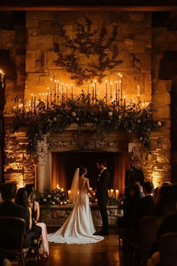 _ 12 A romantic wedding ceremony by candlelight in a rustic stone venue, with the couple holding hands in front of a beautifully decorated fireplace. | Sky Rye Design A romantic wedding ceremony by candlelight in a rustic stone venue, with the couple holding hands in front of a beautifully decorated fireplace.