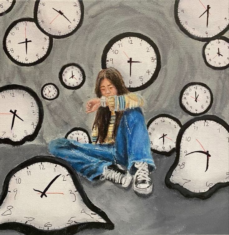 A person in casual clothing is surrounded by melting clocks, evoking a surreal sense of time. They check a wristwatch, seated on a gray surface.