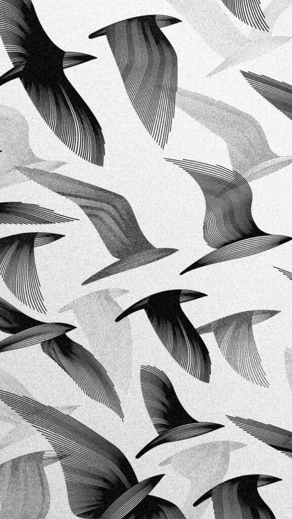 Abstract optical illusion of flying birds with intricate black and white line patterns.