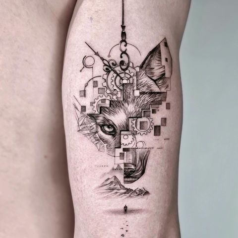 _ 12 Geometric wolf and clock tattoo design on arm with mountains and tiny figure below. | Sky Rye Design Geometric wolf and clock tattoo design on arm with mountains and tiny figure below.