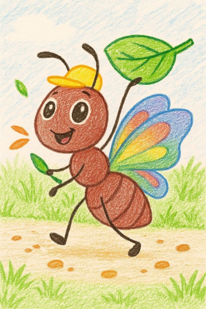 Cheerful cartoon ant with colorful wings walks on a path, wearing a yellow hat and carrying green leaves, on a sunny day.