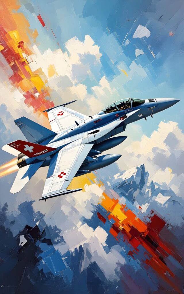 Fighter jet soaring through a vibrant, abstract sky, showcasing speed and power against a colorful, dynamic backdrop.