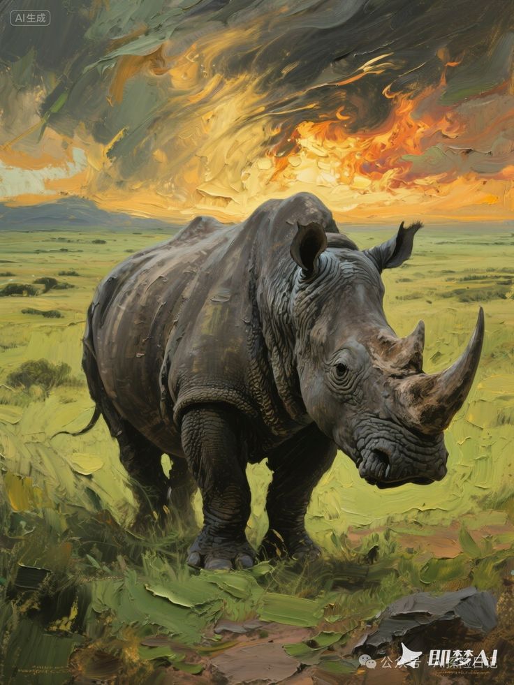 Painting of a majestic rhinoceros on a green field, captured under a vibrant, fiery sunset sky, evoking a sense of wild beauty.