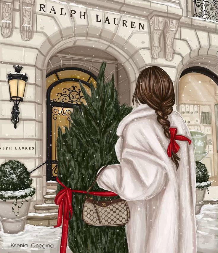 Woman in white coat holding a Christmas tree outside Ralph Lauren store, adorned with red ribbons and Gucci bag during snowfall.