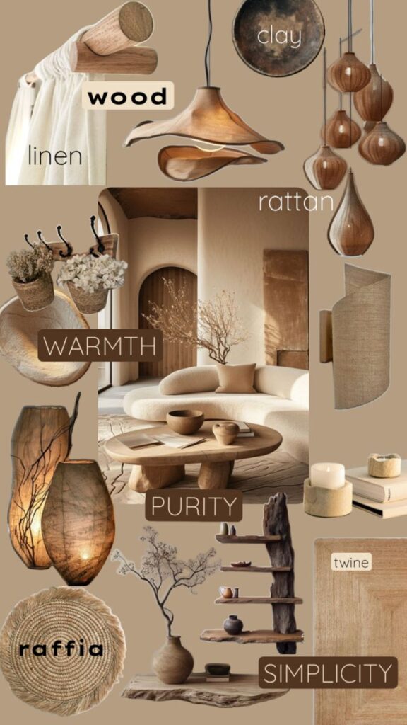 _ 12 Neutral-toned collage showcasing natural materials like wood, rattan, and clay, highlighting warmth and simplicity in design. | Sky Rye Design Neutral-toned collage showcasing natural materials like wood, rattan, and clay, highlighting warmth and simplicity in design.