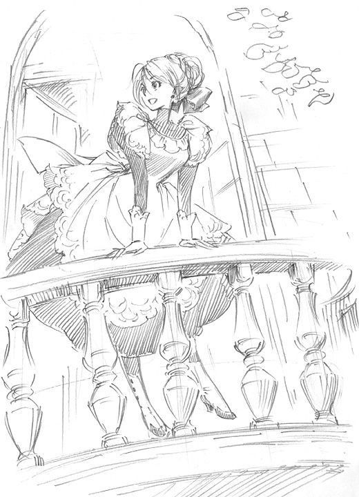 Sketch of a maid smiling on a balcony, with a vintage apron and an elegant hairstyle, showing an anime art style.