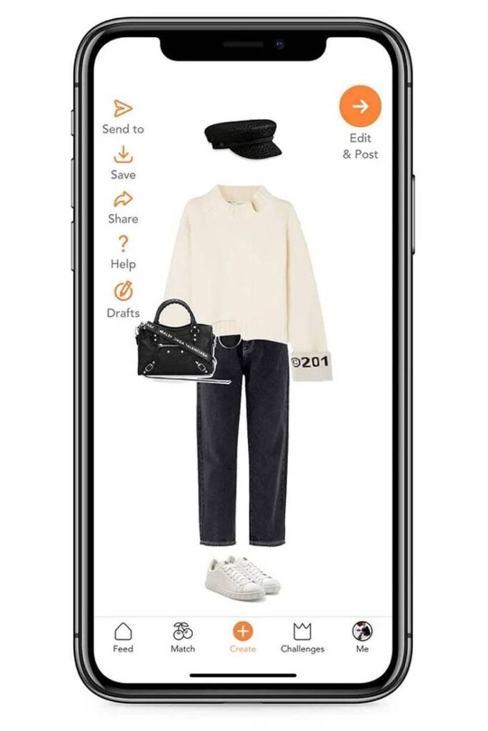 Fashion app displaying outfit: white sweater, black jeans, sneakers, black hat and bag. Stylish outfit planning on smartphone screen.