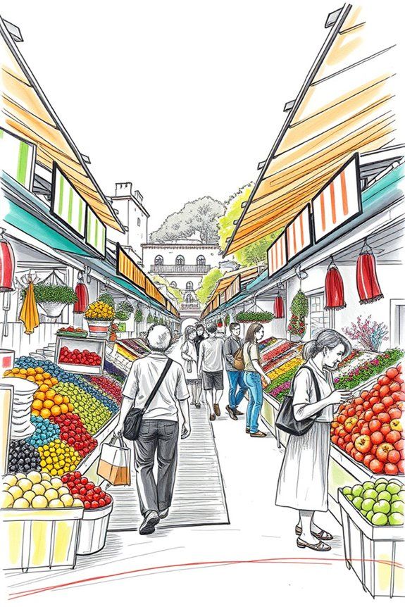 Vibrant market scene with people shopping for fresh fruits and vegetables under colorful awnings; lively outdoor market sketch.