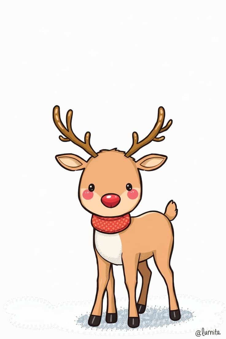 Cute cartoon reindeer with a red nose and scarf in snow, festive holiday illustration.