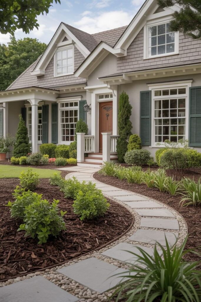 12 Sidewalk Edging Ideas to Boost Your Homes Curb Appeal Charming suburban home with landscaped garden, winding stone path, and green shutters. Ideal for cozy living and curb appeal inspiration. | Sky Rye Design Charming suburban home with landscaped garden, winding stone path, and green shutters. Ideal for cozy living and curb appeal inspiration.