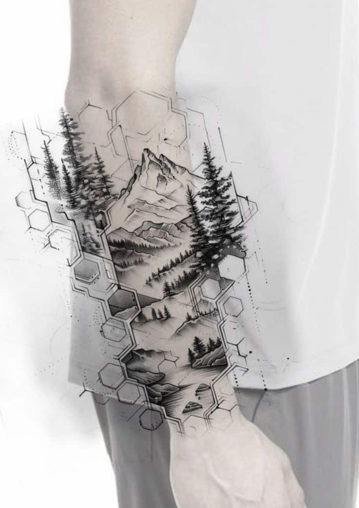 Nature-inspired dotwork tattoo idea with mountains, forest shapes, and geometric forearm frame Nature-inspired dotwork tattoo idea with mountains, forest shapes, and geometric forearm frame. | Sky Rye Design Nature-inspired dotwork tattoo idea with mountains, forest shapes, and geometric forearm frame.