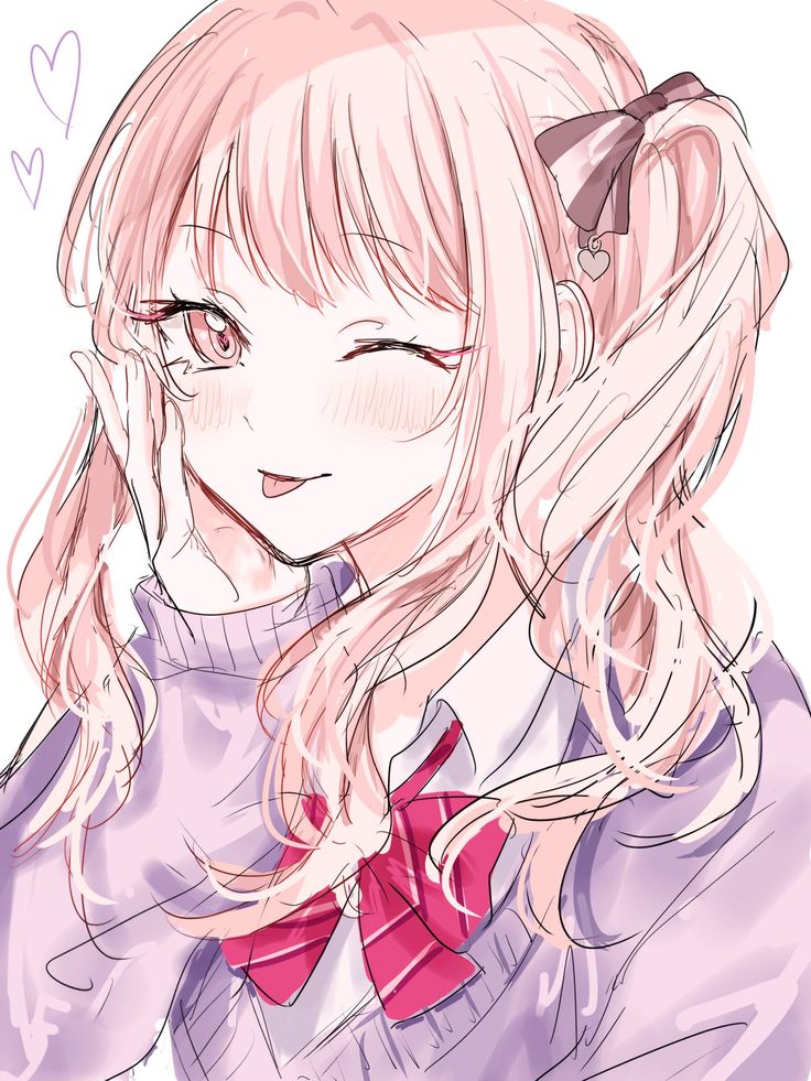 _ 13 Anime girl with pink hair winking and smiling, wearing a purple sweater and red bow tie, hand on face, with hearts in the background. | Sky Rye Design Anime girl with pink hair winking and smiling, wearing a purple sweater and red bow tie, hand on face, with hearts in the background.