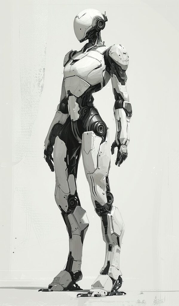 Futuristic humanoid robot concept with sleek white and black armor, standing in a neutral pose against a light background.