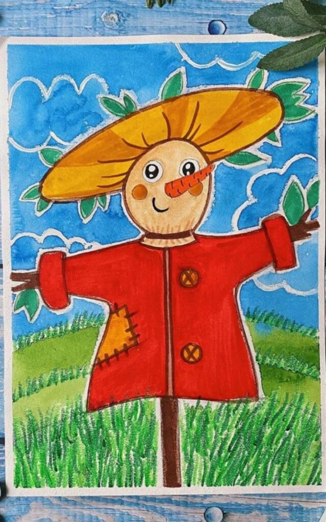 Colorful, whimsical scarecrow illustration with a wide-brimmed hat and red coat, set against a blue sky and green field background.