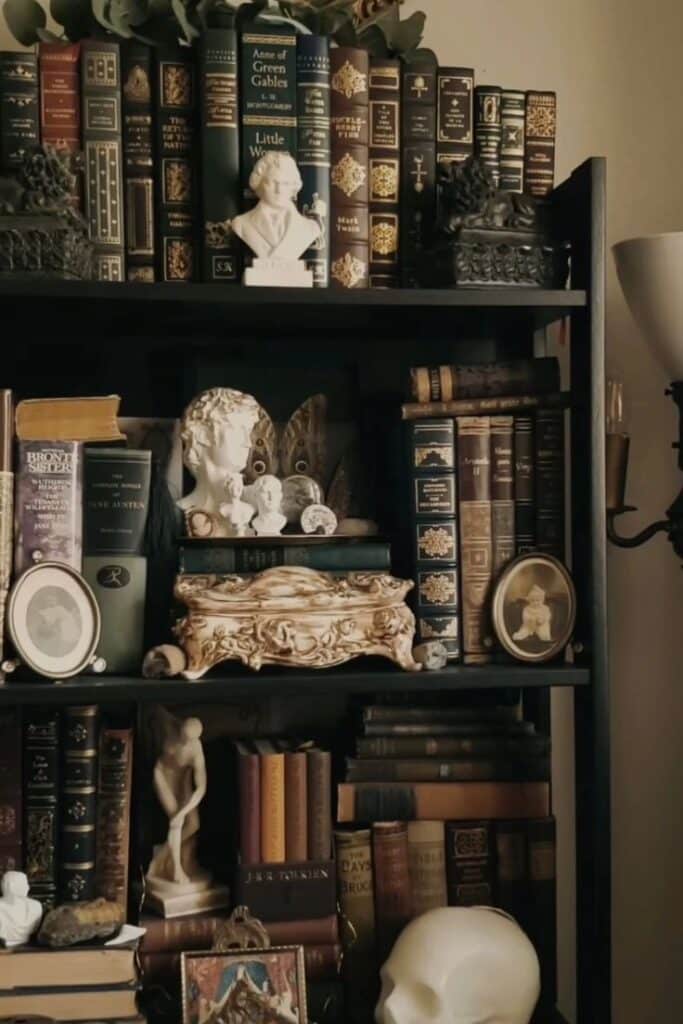 Vintage bookshelf filled with classic books, decorative busts, and ornate items, creating a cozy and intellectual atmosphere.