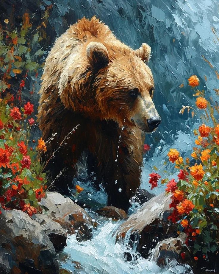 Painting of a brown bear fishing in a vibrant stream surrounded by colorful flowers and lush greenery, exuding a sense of wild beauty.