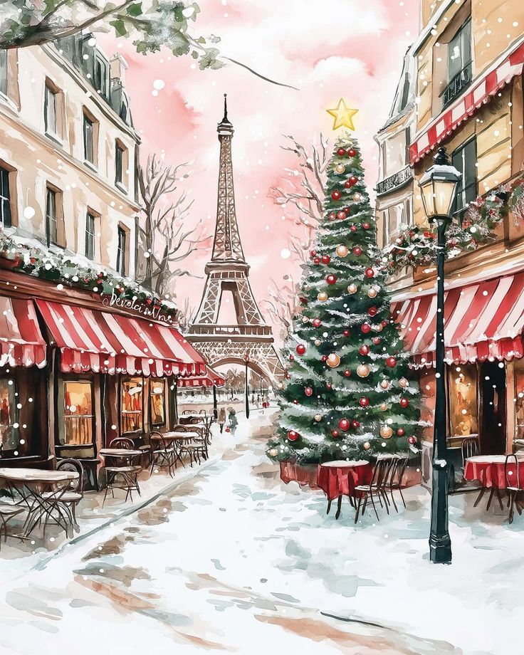 Snowy Parisian street with a Christmas tree, Eiffel Tower, and cozy cafes, capturing festive charm and the magic of winter in Paris.