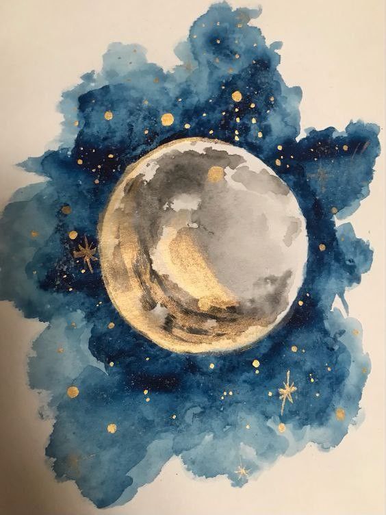 Watercolor painting of a luminous moon with golden accents against a deep blue starry sky, depicting a serene cosmic scene.