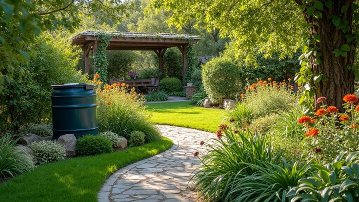 Beautiful garden with a stone path leading to a wooden arbor, surrounded by lush greenery and vibrant flowers under a sunny sky.