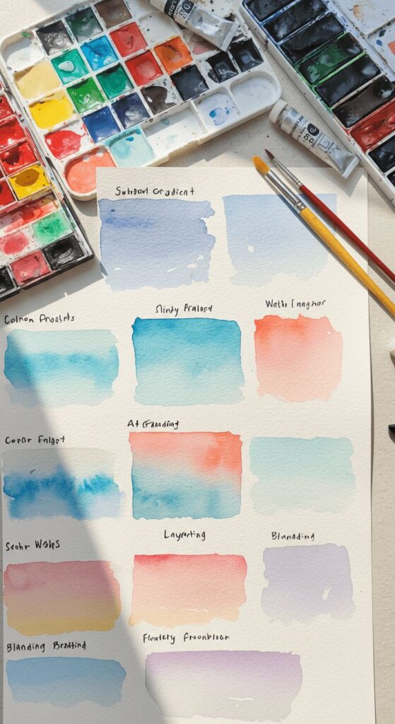 13 Stunning Watercolor Painting Ideas to Inspire Your Creativity Watercolor techniques on paper with vibrant palettes and brushes in sunlight, showcasing gradients and blending methods. | Sky Rye Design Watercolor techniques on paper with vibrant palettes and brushes in sunlight, showcasing gradients and blending methods.