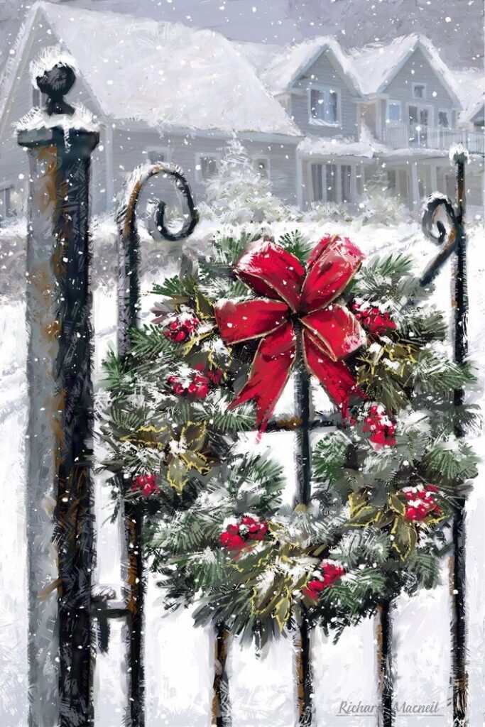 132 Wreaths - Richard Macneil Festive wreath with red bow on snowy iron gate, in front of a wintry house backdrop, capturing the essence of holiday season. | Sky Rye Design Festive wreath with red bow on snowy iron gate, in front of a wintry house backdrop, capturing the essence of holiday season.