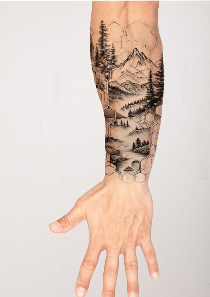 Forearm tattoo of mountains and trees with geometric patterns, showcasing detailed nature-inspired art.